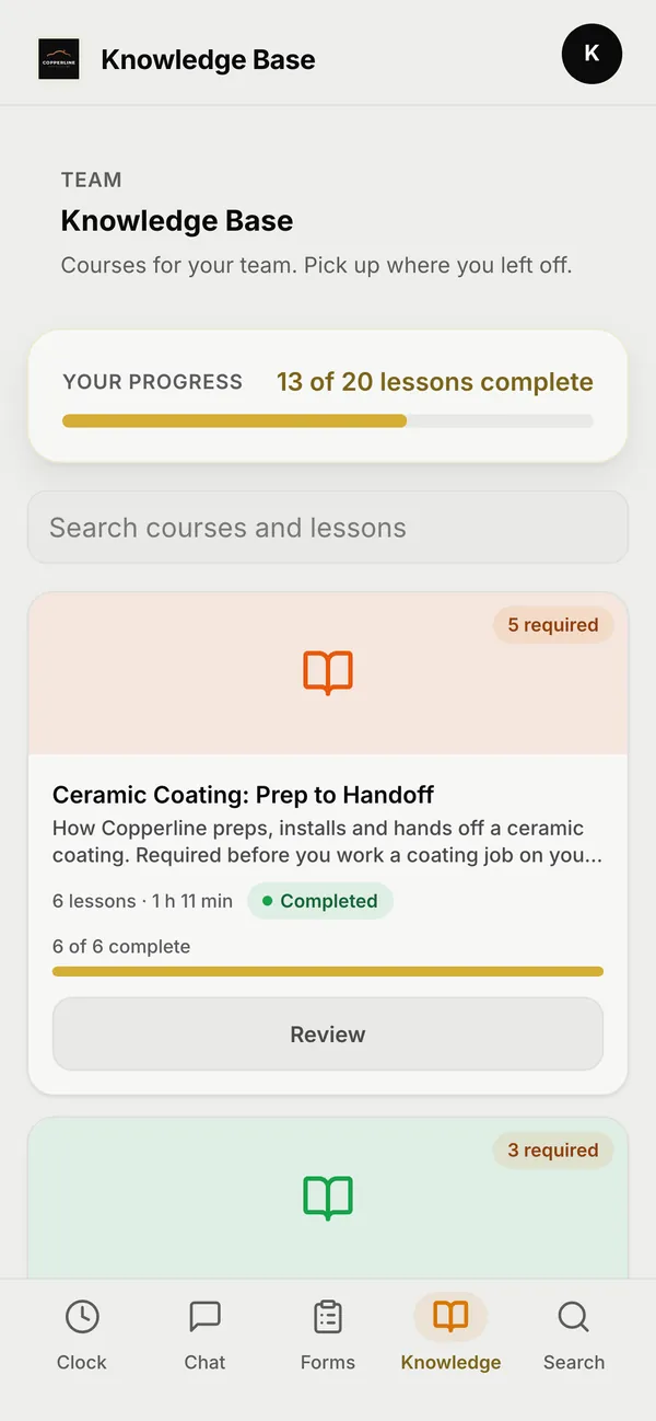 A crew member's knowledge base on a phone: their progress through the lessons, and a ceramic coating course with required lessons, marked completed.