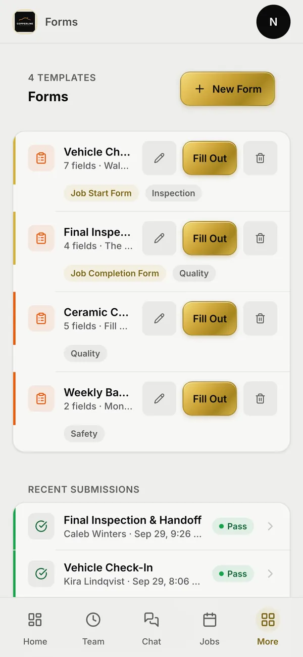 The forms screen on a phone: a vehicle check-in form marked as the job start form, a final inspection marked as the job completion form, two more checklists, and recent submissions that passed.