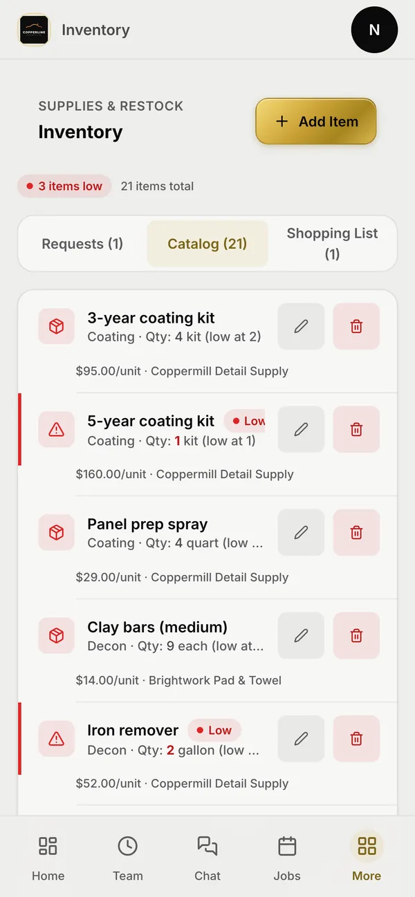 The inventory screen on a phone: how many items are low, tabs for restock requests, the catalog and a shopping list, and each supply with its quantity, its low mark and its supplier.