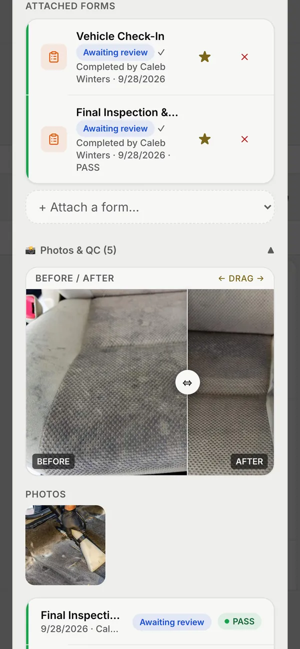 A job on a phone: its check-in and final inspection forms, each completed by a crew member and awaiting review, and before and after photos of a car seat with a slider between them.