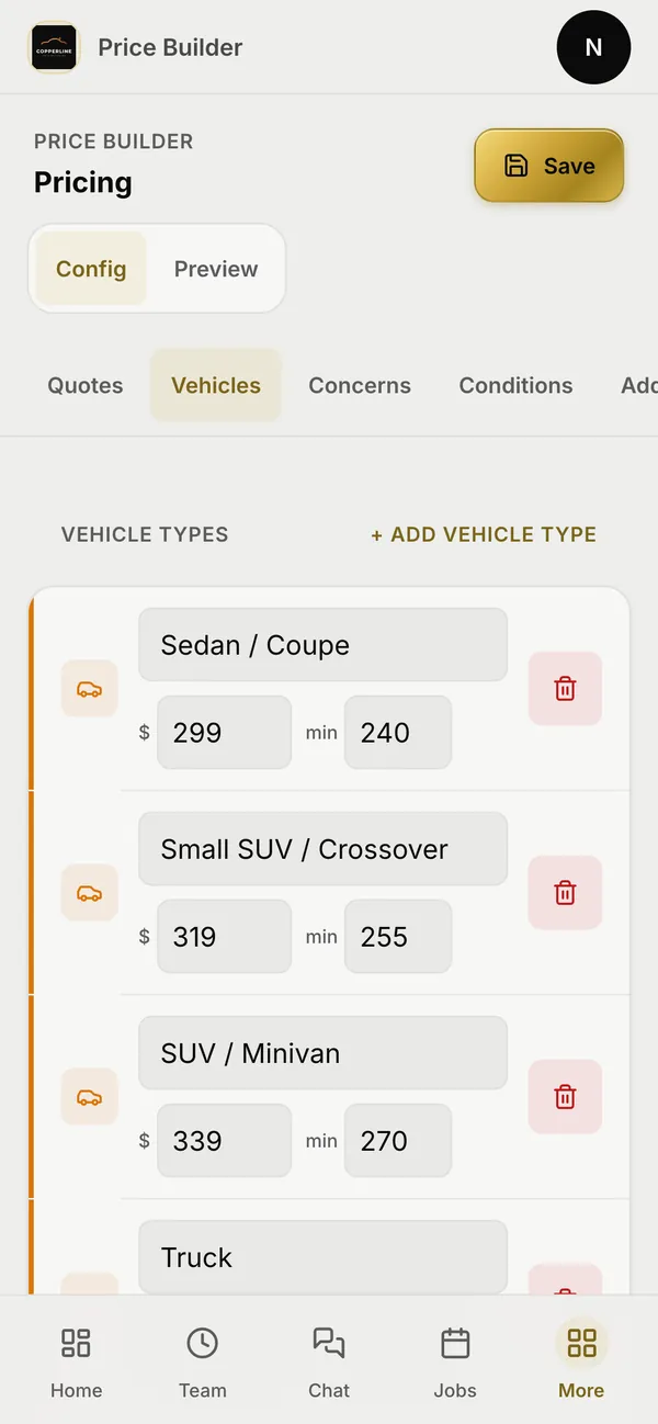 The price builder on a phone: vehicle types, each with its own base price and time, and tabs for concerns, conditions and add-ons.