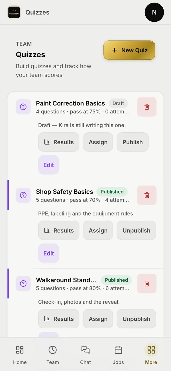 The quizzes screen on a phone: quizzes on paint correction, shop safety and the walkaround, each with its number of questions and pass mark, and buttons to see results and assign them.