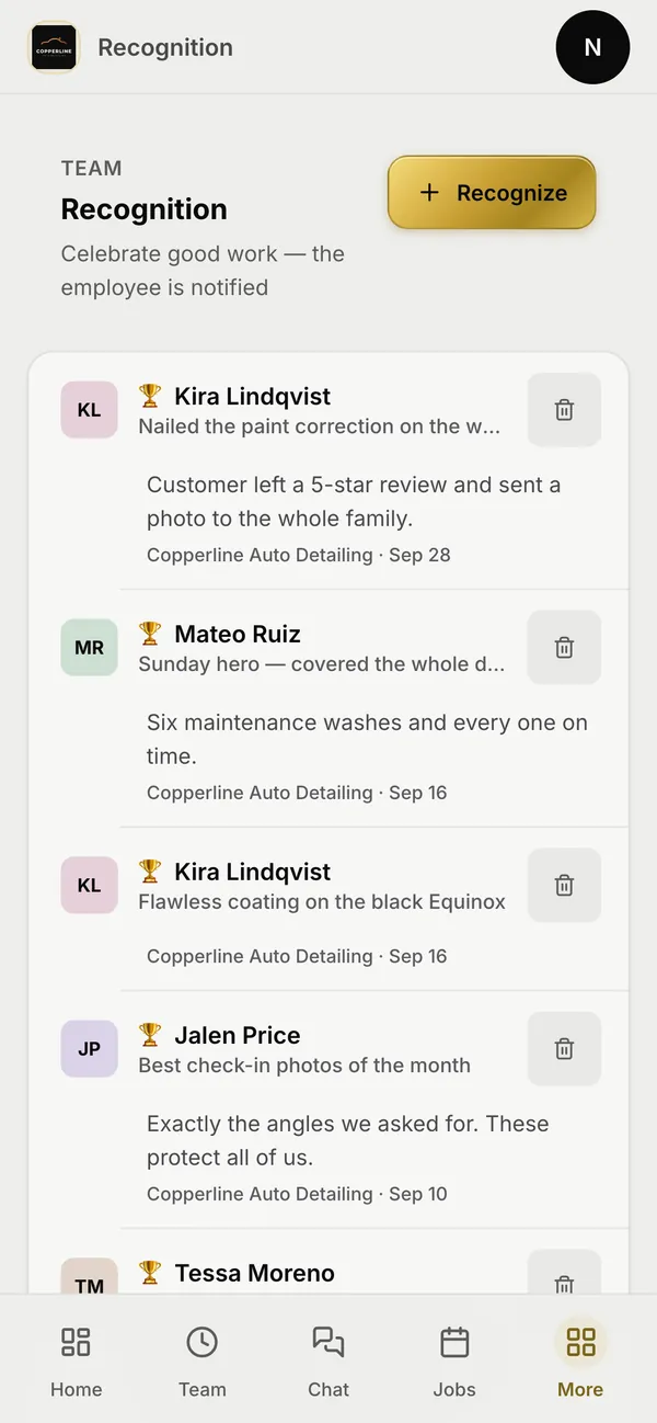 The recognition screen on a phone: shout-outs to crew members for their work, each with a note and a date, and a button to recognize someone.