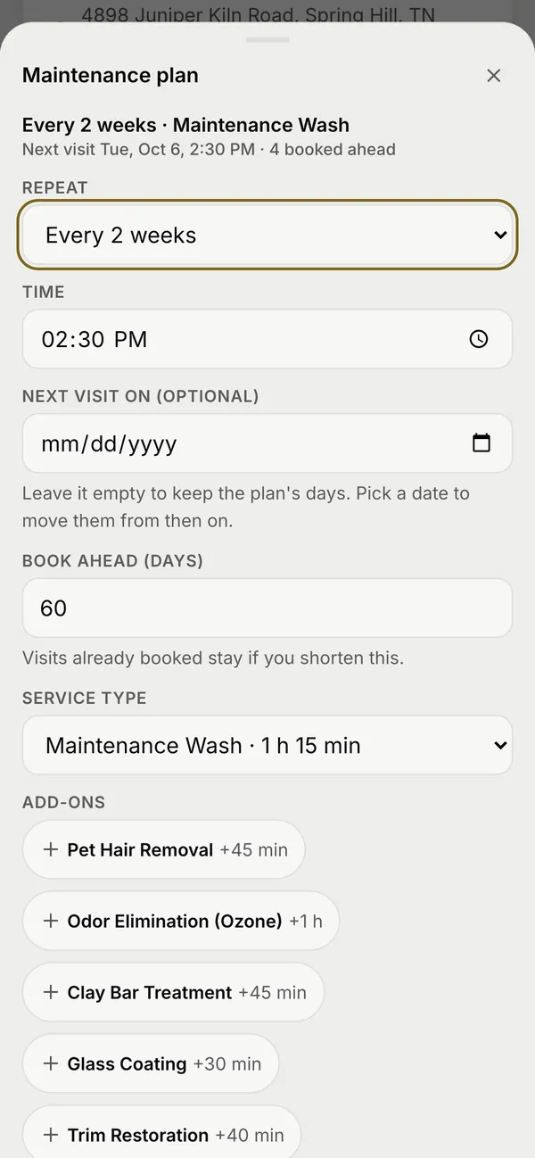 A maintenance plan on a phone: a maintenance wash every two weeks at the same time, with the next visit and four visits booked ahead, how far ahead to book, and add-ons.