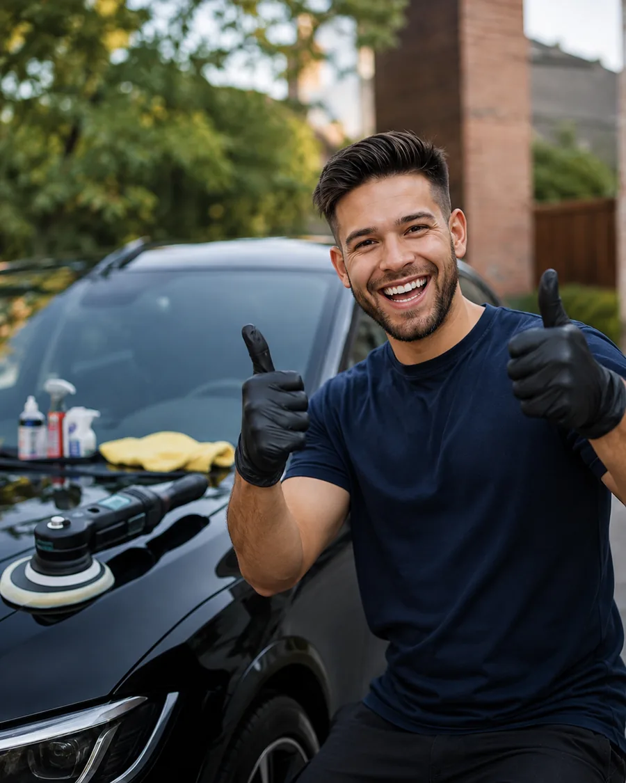 A detailer in work gloves beside a polished black car, giving a thumbs up