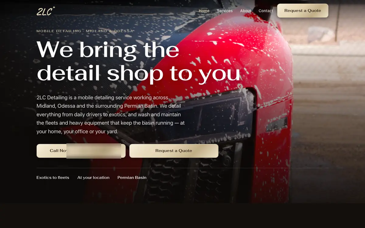 The home page of 2LC Detailing's website, built by Get Rich Detailing.