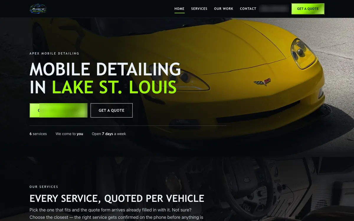 The home page of Apex Mobile Detailing's website, built by Get Rich Detailing.