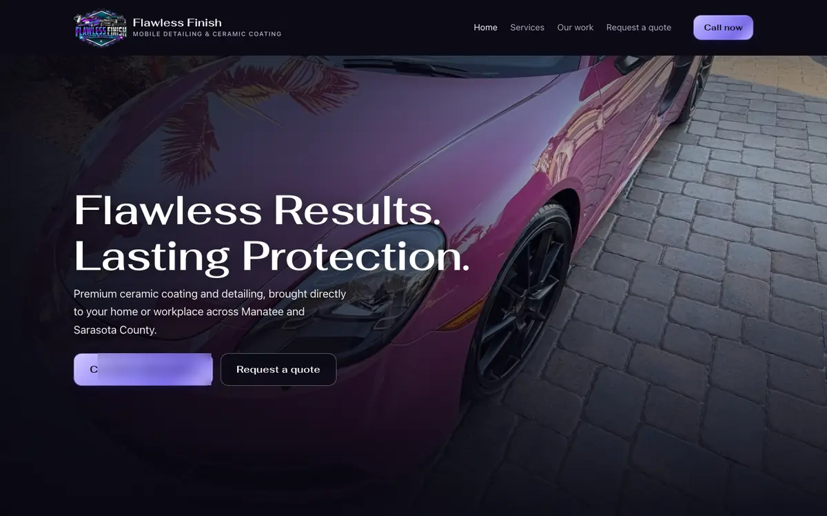 The home page of Flawless Finish's website, built by Get Rich Detailing.